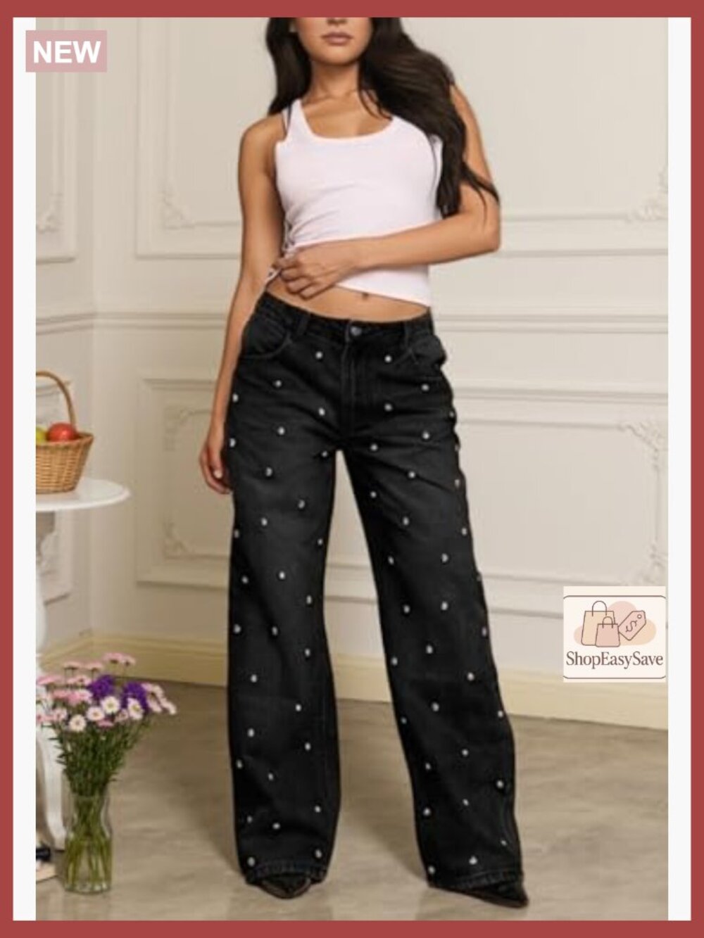 High Waisted Wide Leg Jeans Y2K Retro Sparkly Studded Embellished Pants Glitter - Picture 2 of 7